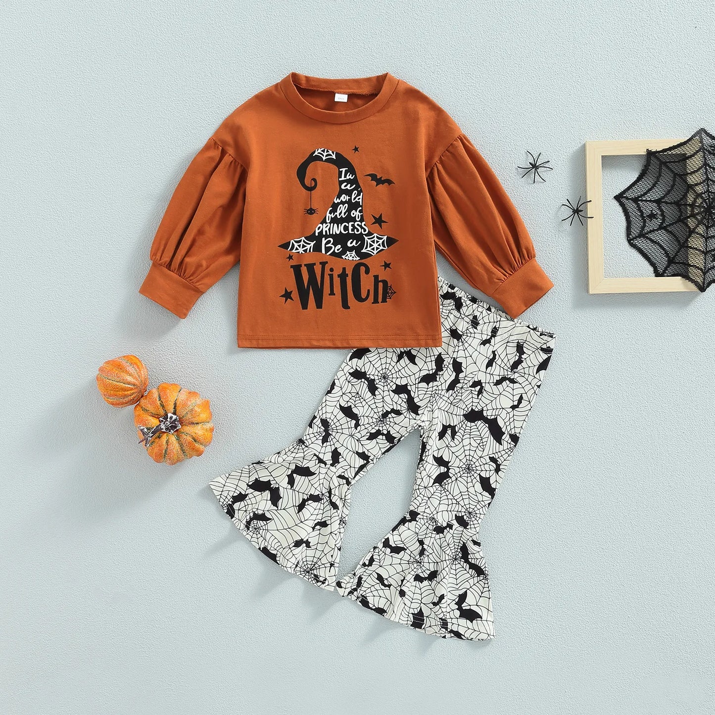 Set Print Sweatshirt Witch Hat Bat Spider Web Flare Pants
