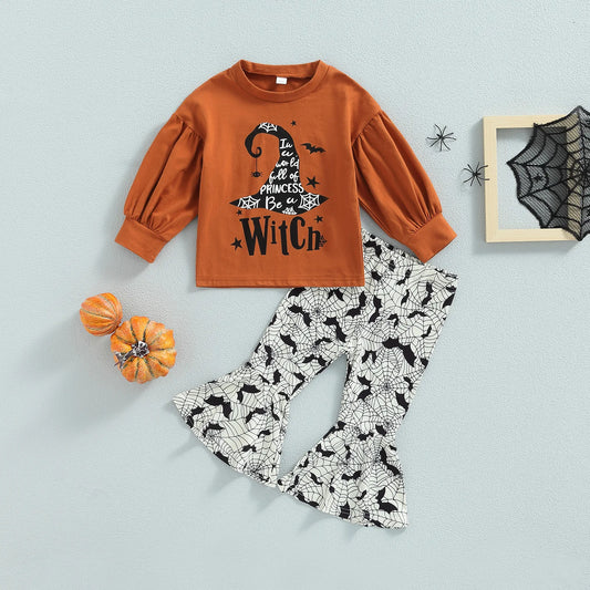 Set Print Sweatshirt Witch Hat Bat Spider Web Flare Pants