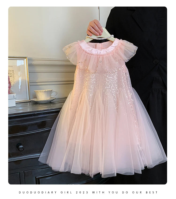 Sleeveless Mesh  Children's Pink Birthday Princess Dress