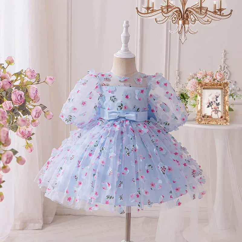 Toddler Girl Baptism Party Dresses Elegant Puff Sleeve