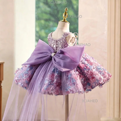 Princess Dress Girls Birthday V Neck Purple Floral Gown