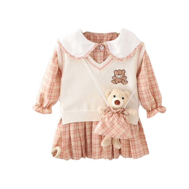 Vestido infantil con chaleco y bolso de osito