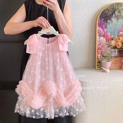 Sleeveless Flower Ruffles Butterfly Baby Girls Bows Dress