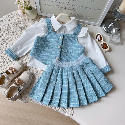 Girl's Shirt+Tank Top+pleated Skirt 3-Piece Set