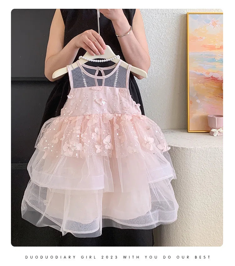 Kids Princess Tulle Dress Butterfly Sleeveless Party Gown