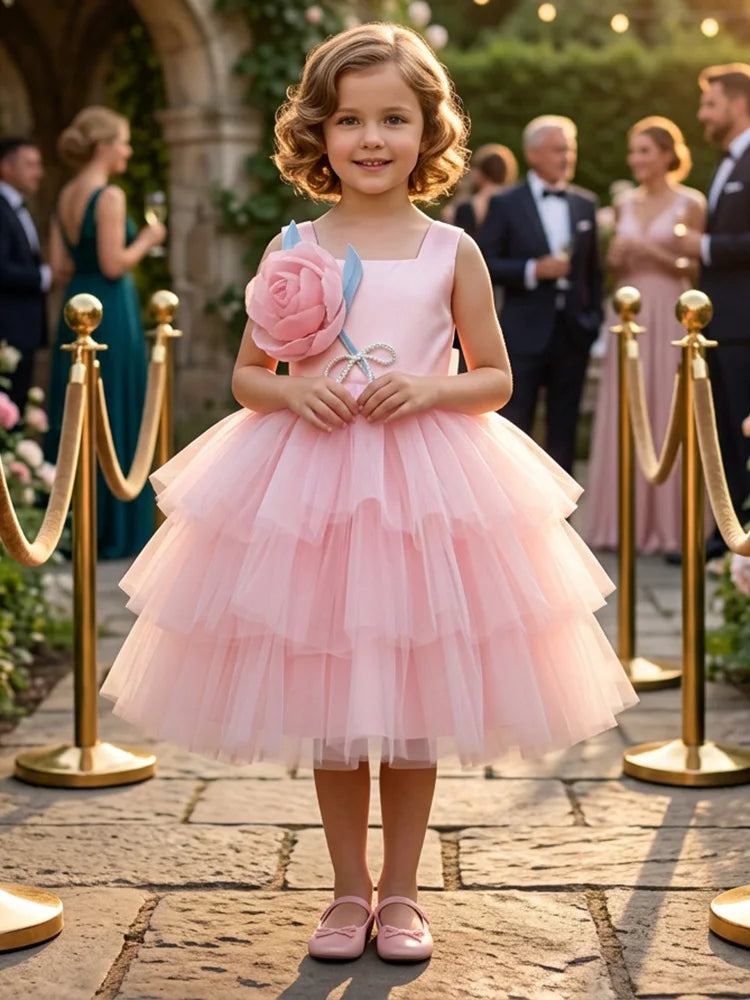 Custom Square 3D Flower Tiered Tulle Luxury Dress Women Wedding Guest Gown