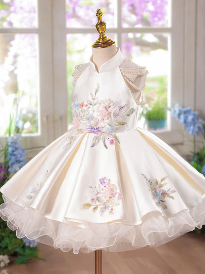 Embroidery Satin Flower Girl Dress Wedding Guest Gown