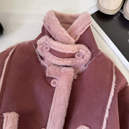 New Girls Jacket Thicken Warm Lapel Woolen Coat For 2-8 Years