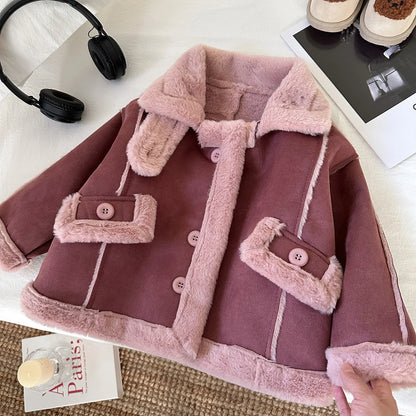 New Girls Jacket Thicken Warm Lapel Woolen Coat For 2-8 Years