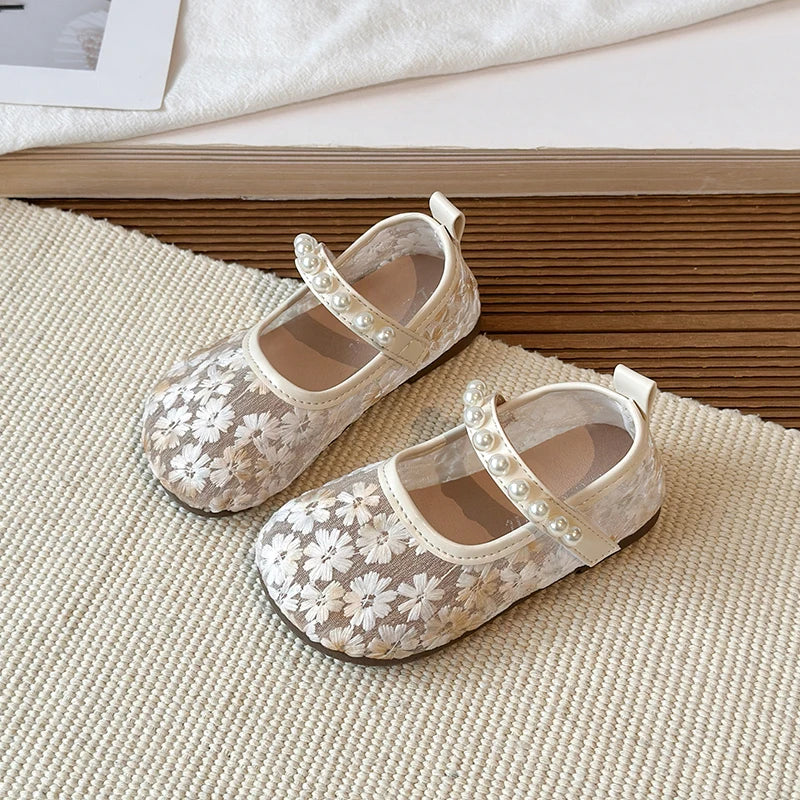 Pink Blue Floral Embroidery Mesh Ballet Flat Lace Ballerina Shoe