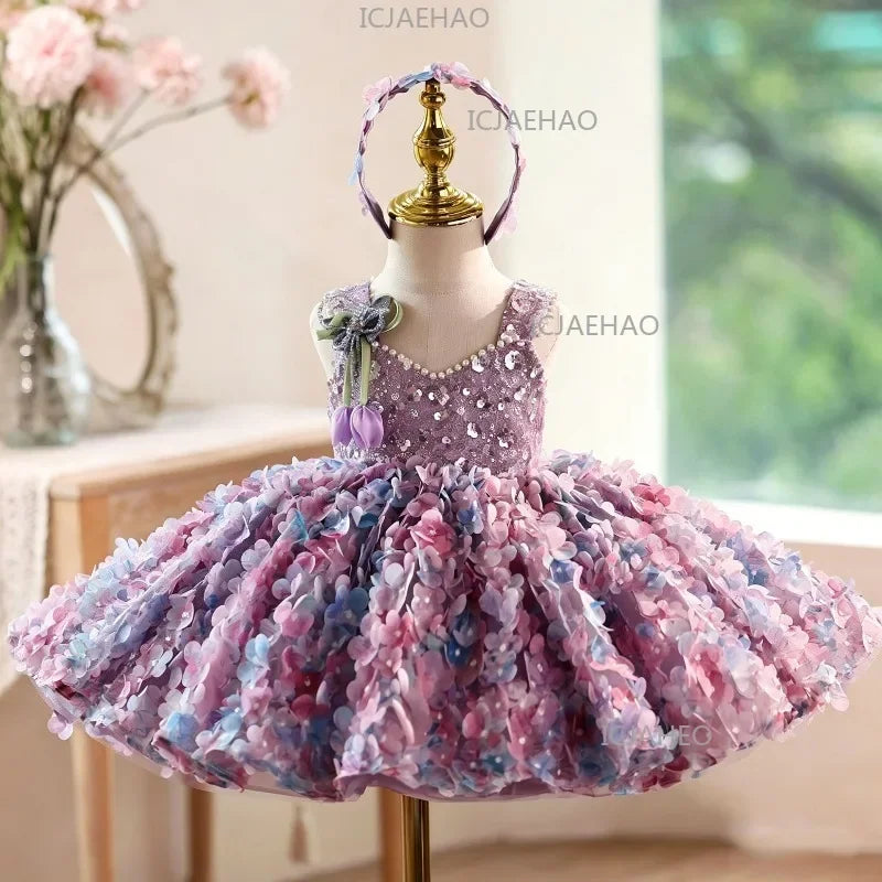 Princess Dress Girls Birthday V Neck Purple Floral Gown