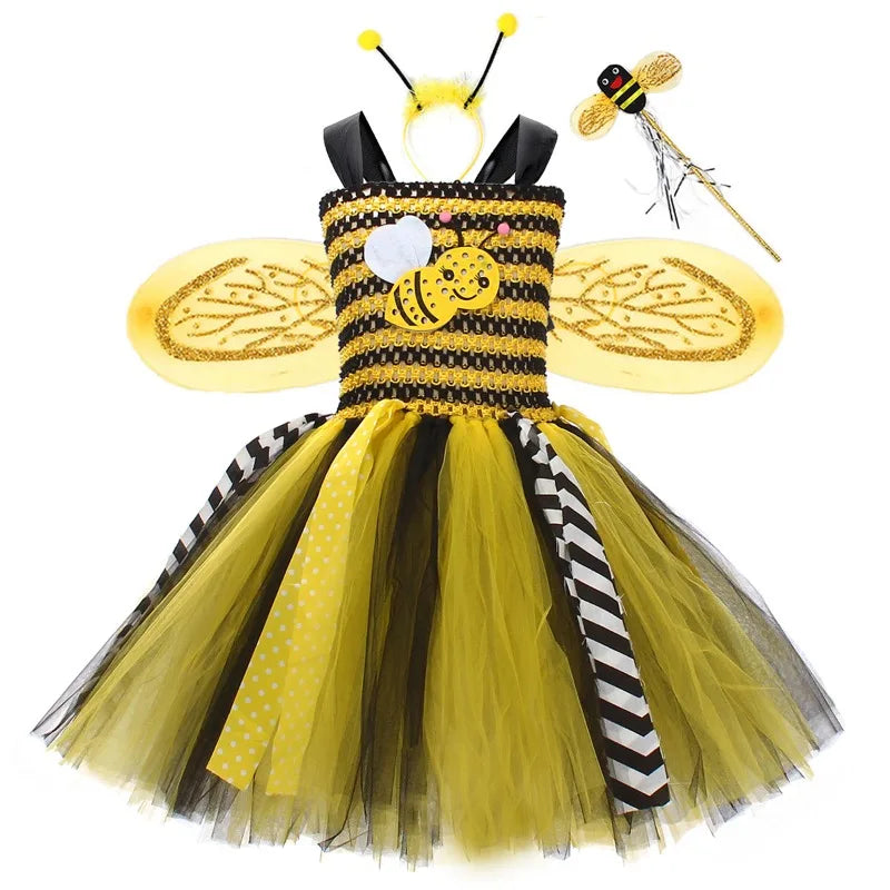 Cute Bee‑Pattern Tulle Tutu Dress for Girls
