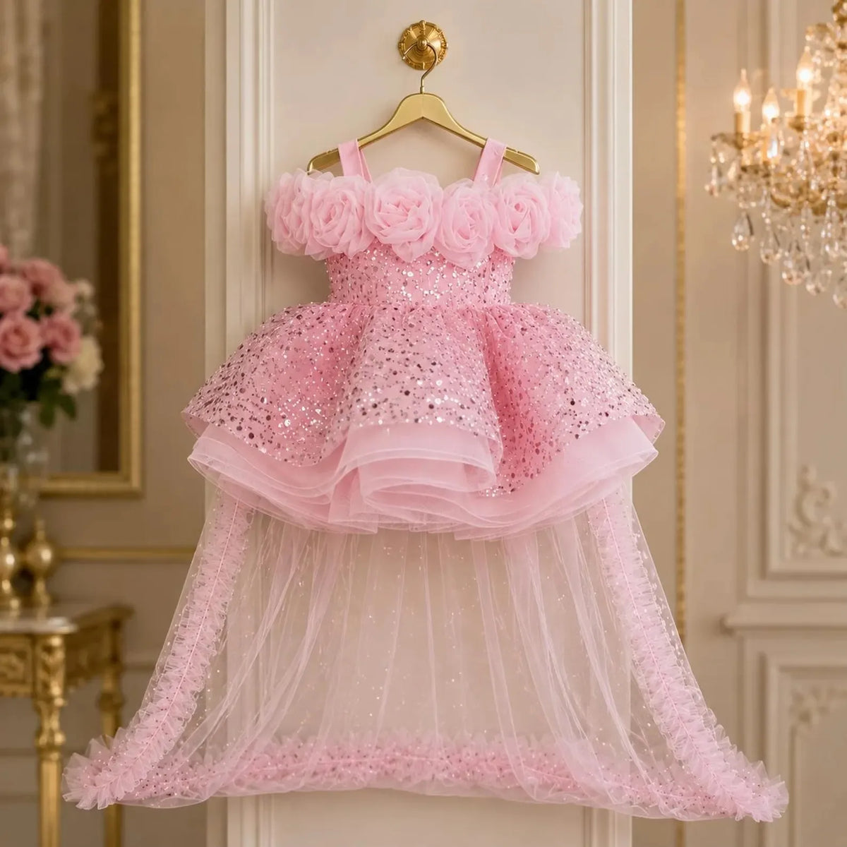 Custom Spaghetti Strap 3D Flower Sequin Tulle Short Dress With Train Luxury Women Wedding Guest Gown Girls Birthday Party