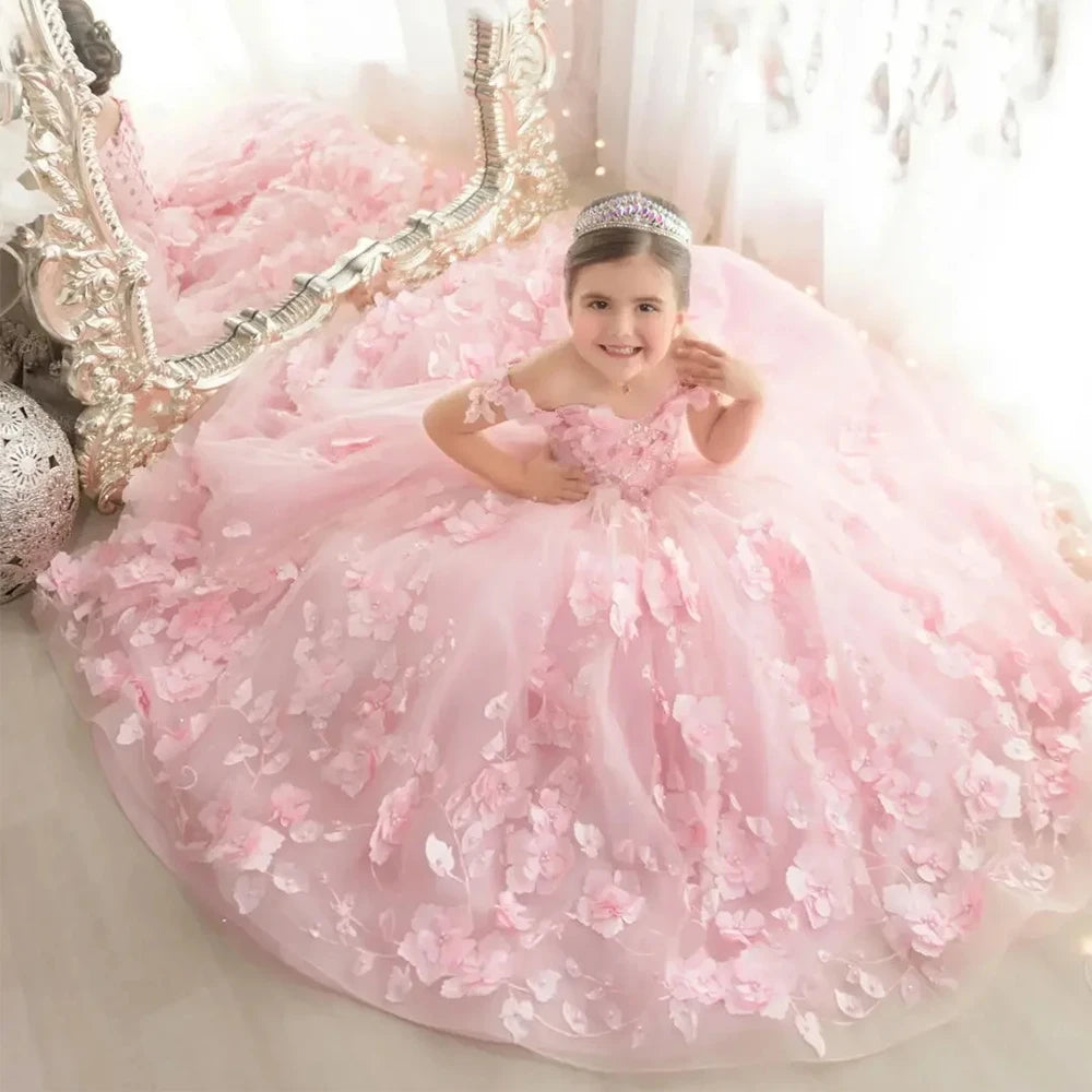 Pink 3d Applique Flower Wedding Birthday Party Dress
