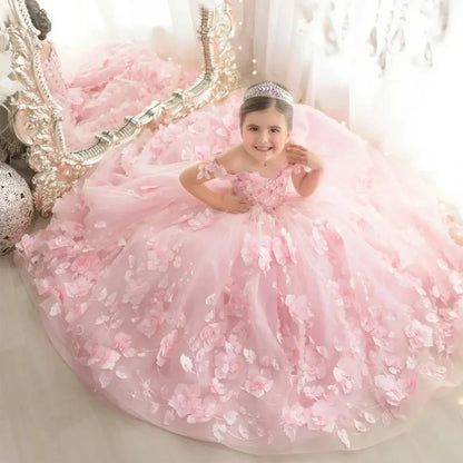 Pink 3d Applique Flower Wedding Birthday Party Dress