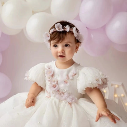 Flower Girl Dress White Floral Appliques With Bow Wedding Birthday