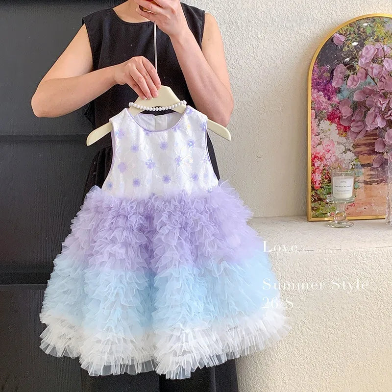 New Summer Kids Girls Gradient Tutu Party Dress Sleeveless Flower Sequin