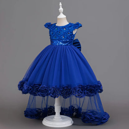 Flower Girl Dress 3D Rose Lace Tulle Sequin Waistband Princess