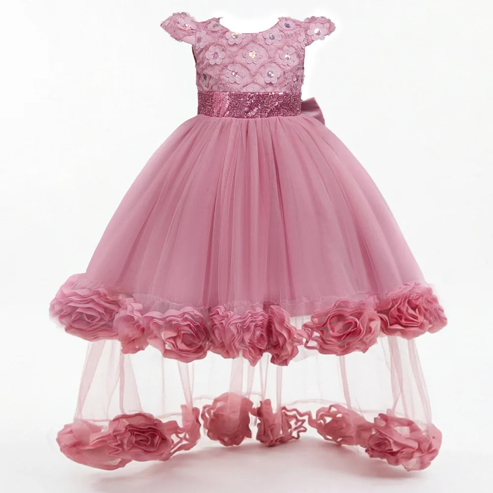 Flower Girl Dress 3D Rose Lace Tulle Sequin Waistband Princess
