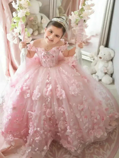 Pink 3d Applique Flower Wedding Birthday Party Dress