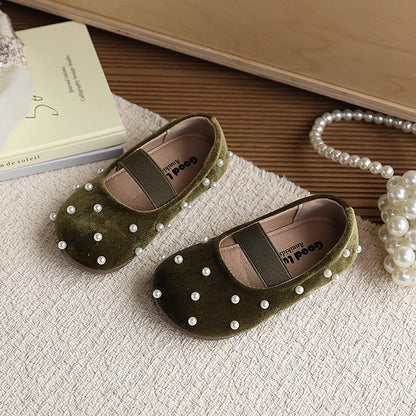 Pearl Girls Flats Shoes Solid Velvet Shallow Elastic Kids Princess Shoes