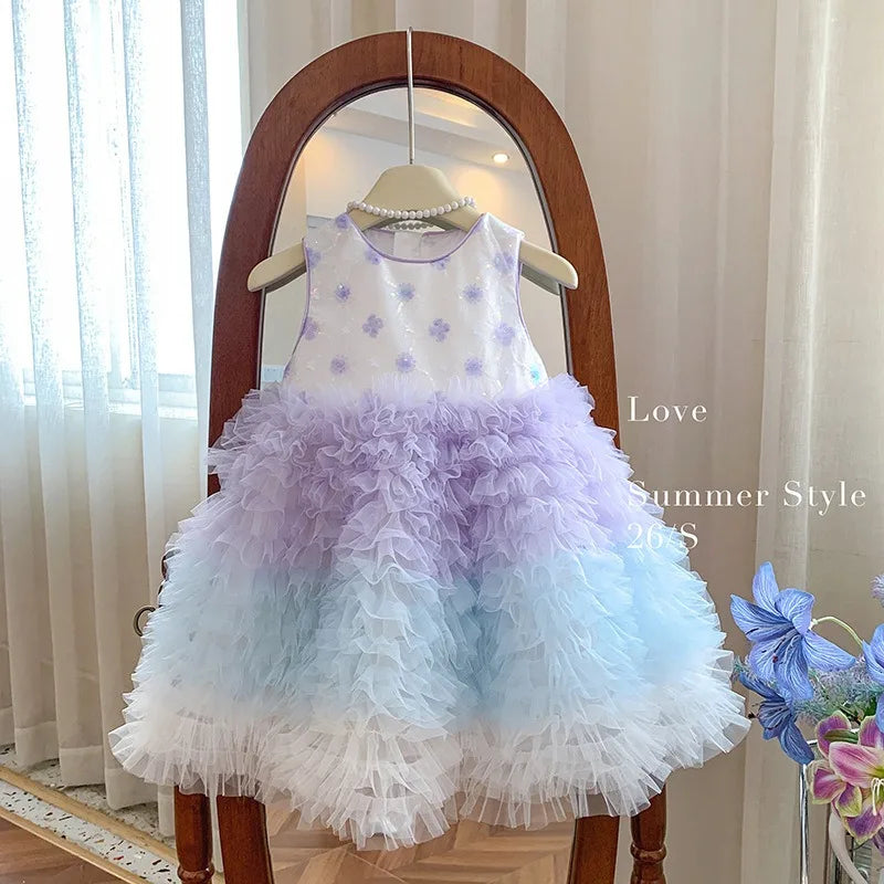 New Summer Kids Girls Gradient Tutu Party Dress Sleeveless Flower Sequin