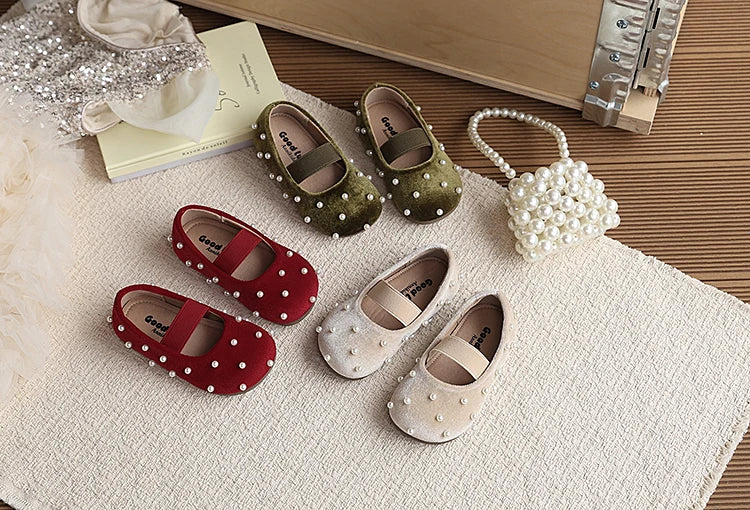 Pearl Girls Flats Shoes Solid Velvet Shallow Elastic Kids Princess Shoes