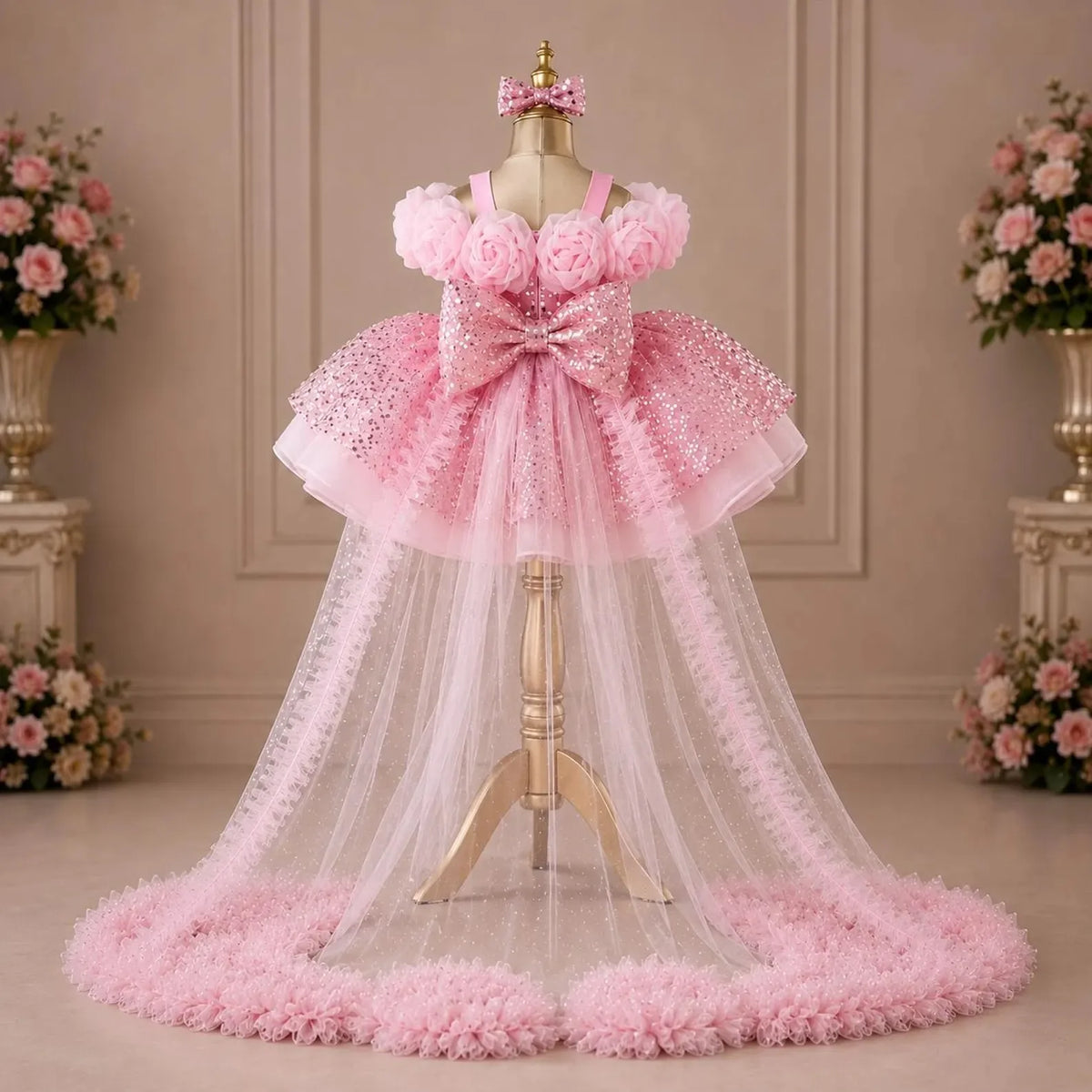 Custom Spaghetti Strap 3D Flower Sequin Tulle Short Dress With Train Luxury Women Wedding Guest Gown Girls Birthday Party