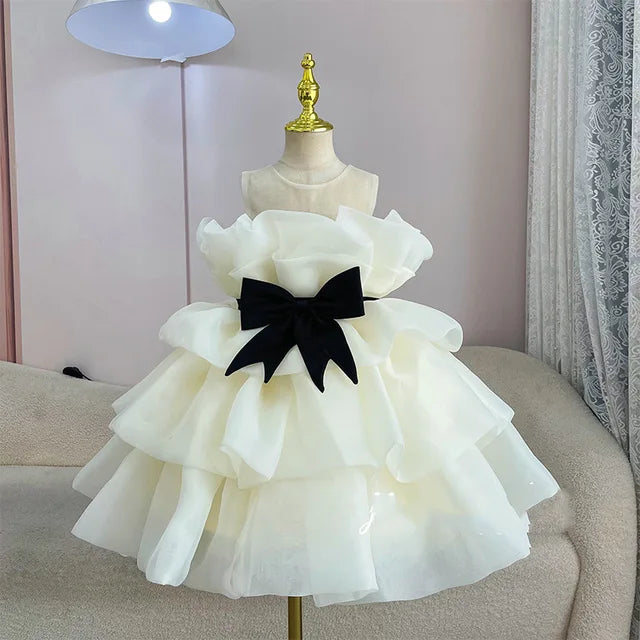 Girls'  Birthday Show Host Piano Performance Bow Princess Dress