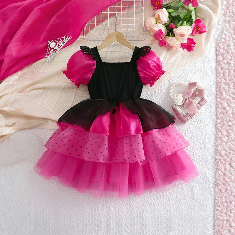 Girls Dress Summer Children's Pink Bubble Sleeve Lovely Dress
