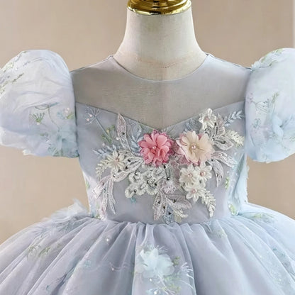 Customized Blue Flower Girl Dress for Wedding Appliques