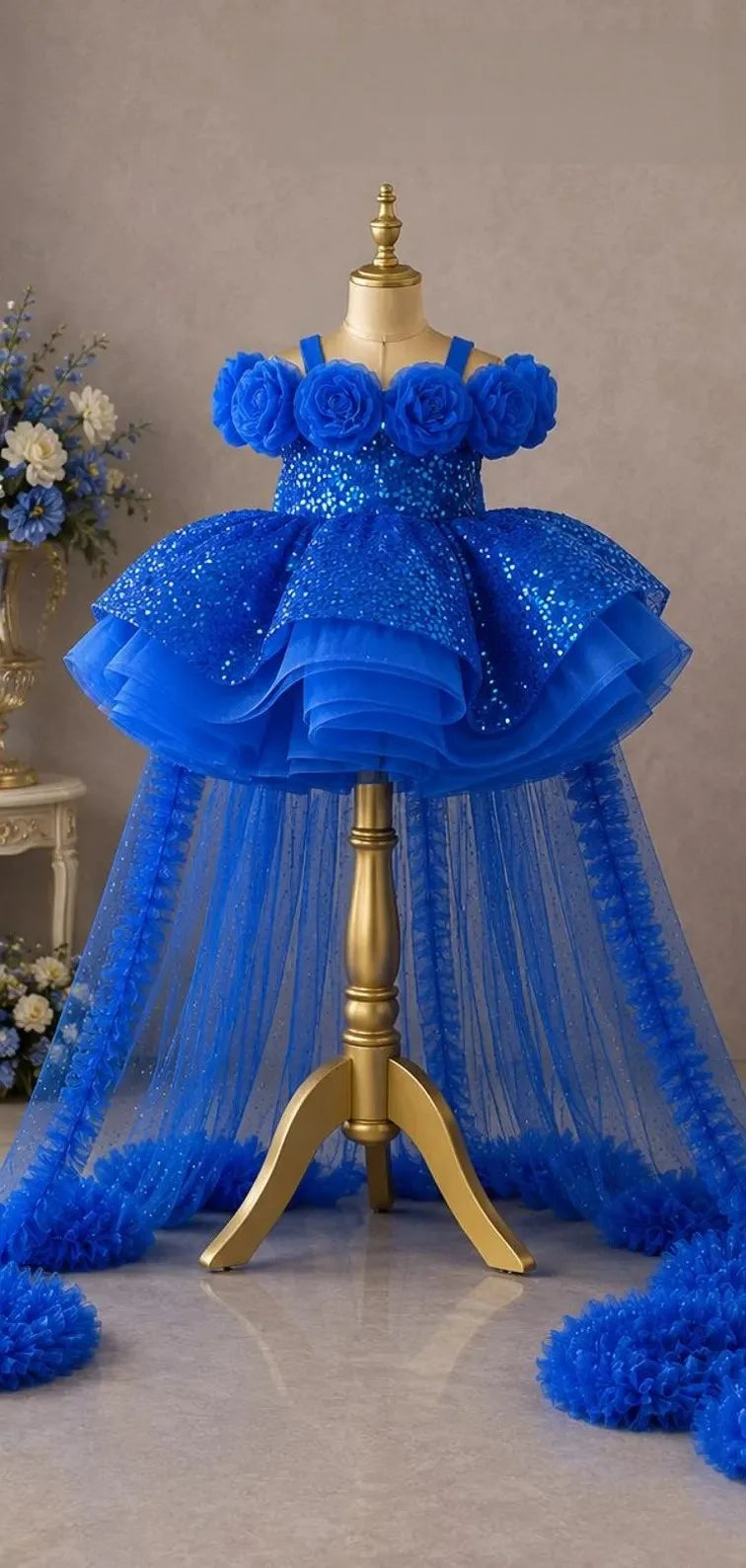 Custom Spaghetti Strap 3D Flower Sequin Tulle Short Dress With Train Luxury Women Wedding Guest Gown Girls Birthday Party