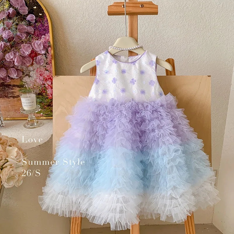 New Summer Kids Girls Gradient Tutu Party Dress Sleeveless Flower Sequin