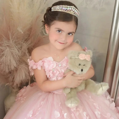 Pink 3d Applique Flower Wedding Birthday Party Dress