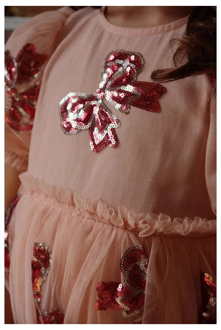 Bow Sequin Princess Style Girls Dress