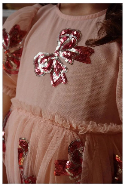 Bow Sequin Princess Style Girls Dress