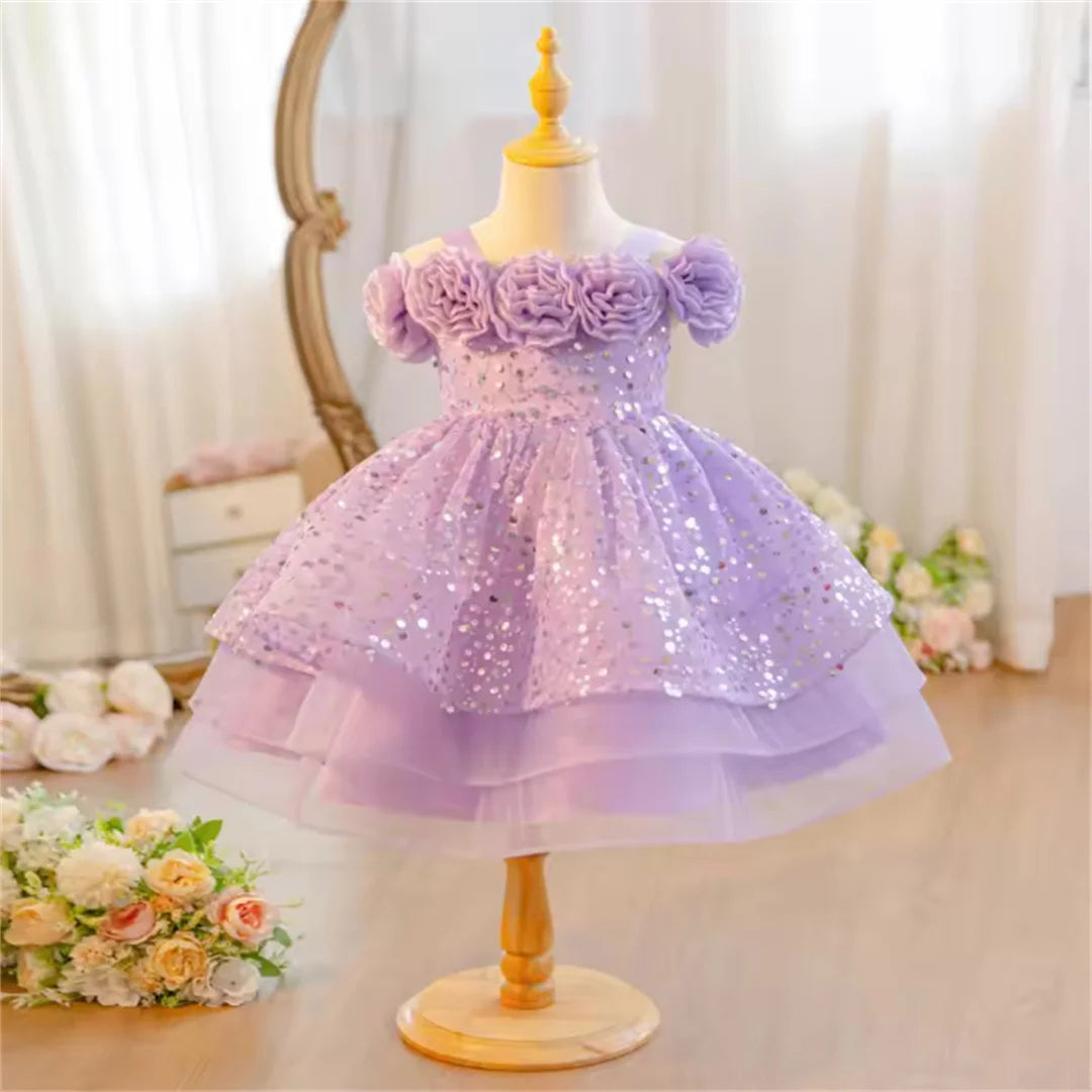 Flower Girl Dress with Sequin Glitter Long Sleeve Bow  Gown Clothes