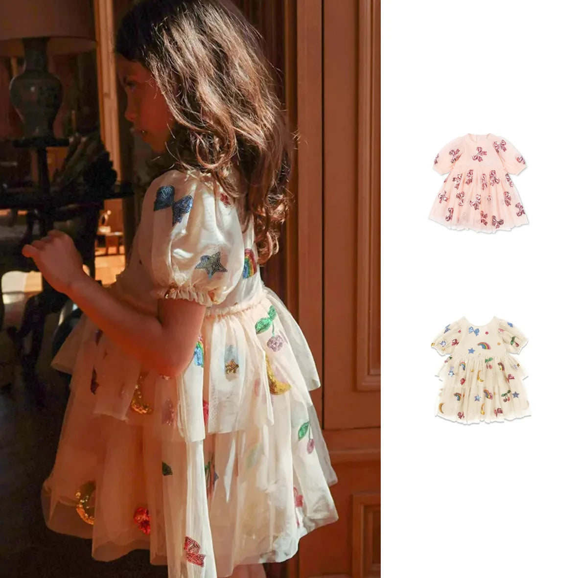 Bow Sequin Princess Style Girls Dress