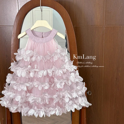 Summer Girls Dress Floral Layered Cake Skirt Birthday Princess Dress