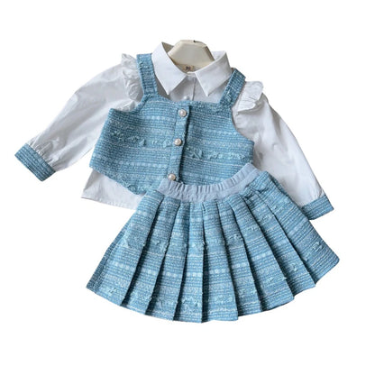 Girl's Shirt+Tank Top+pleated Skirt 3-Piece Set