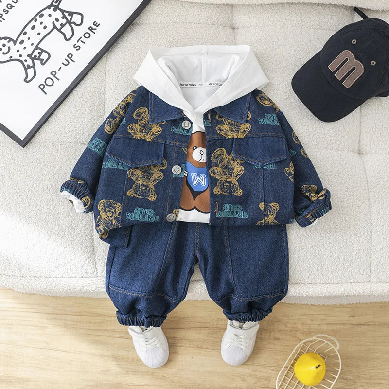 Spring Autumn Boys' Denim Long Sleeve Three-Piece Suit Casual Fashionable Children's Clothing Set Soft Cotton Baby Toddler Kids