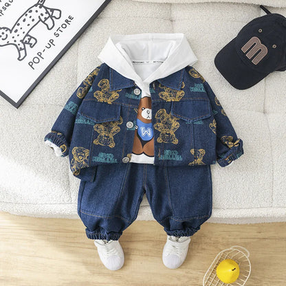 Spring Autumn Boys' Denim Long Sleeve Three-Piece Suit Casual Fashionable Children's Clothing Set Soft Cotton Baby Toddler Kids
