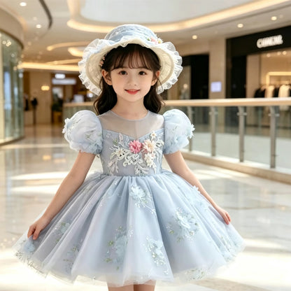 Customized Blue Flower Girl Dress for Wedding Appliques