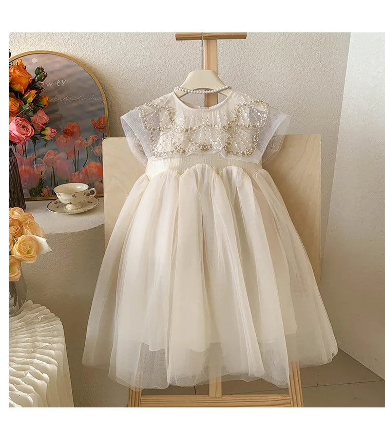 New Summer Square Collar Mesh Splicing Sleeveless Dress