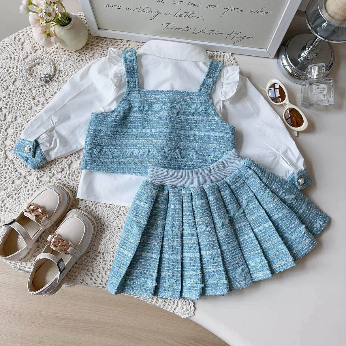 Girl's Shirt+Tank Top+pleated Skirt 3-Piece Set