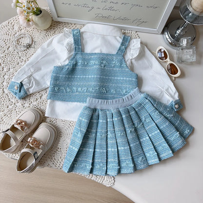 Girl's Shirt+Tank Top+pleated Skirt 3-Piece Set