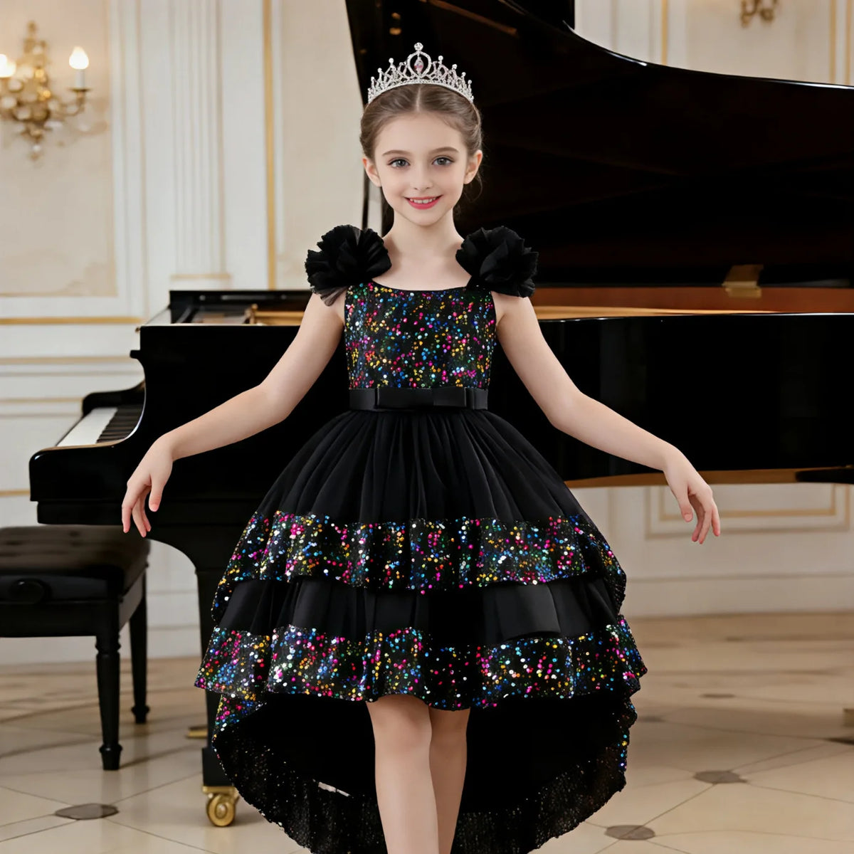Custom 3D Flower Sequin Bow High Low Tulle Luxury Dress