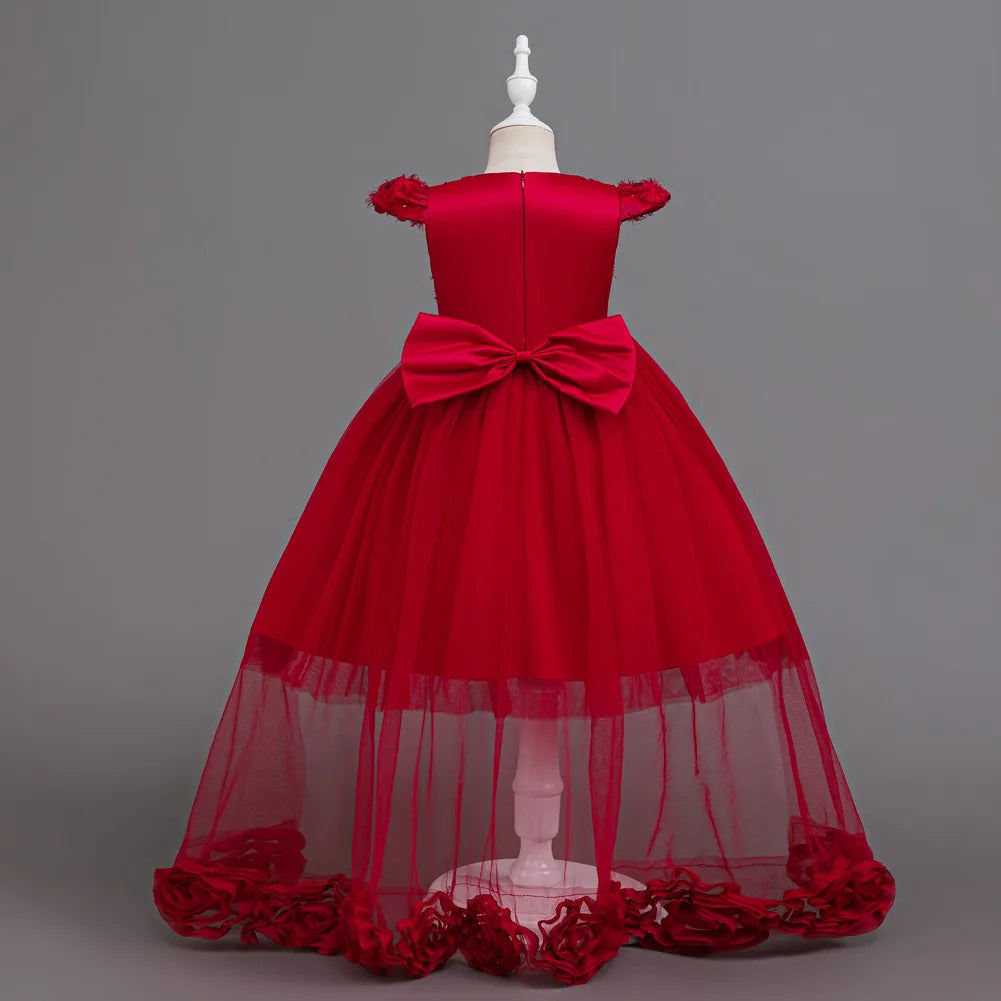 Flower Girl Dress 3D Rose Lace Tulle Sequin Waistband Princess