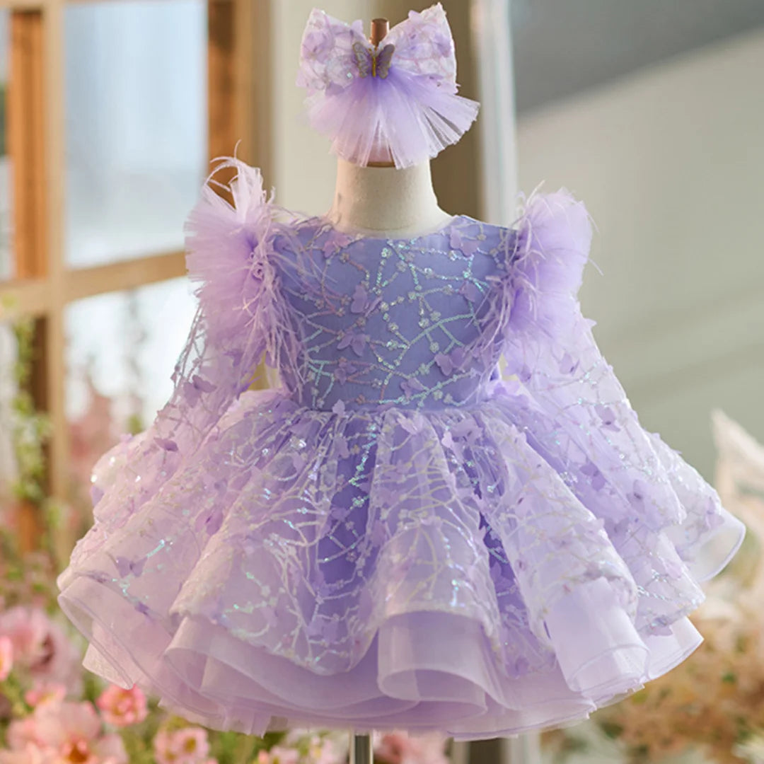 Purple Flower Girl Dress Sequin Puffy Appliques With Bow Communion Gown