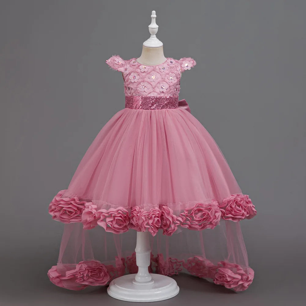 Flower Girl Dress 3D Rose Lace Tulle Sequin Waistband Princess